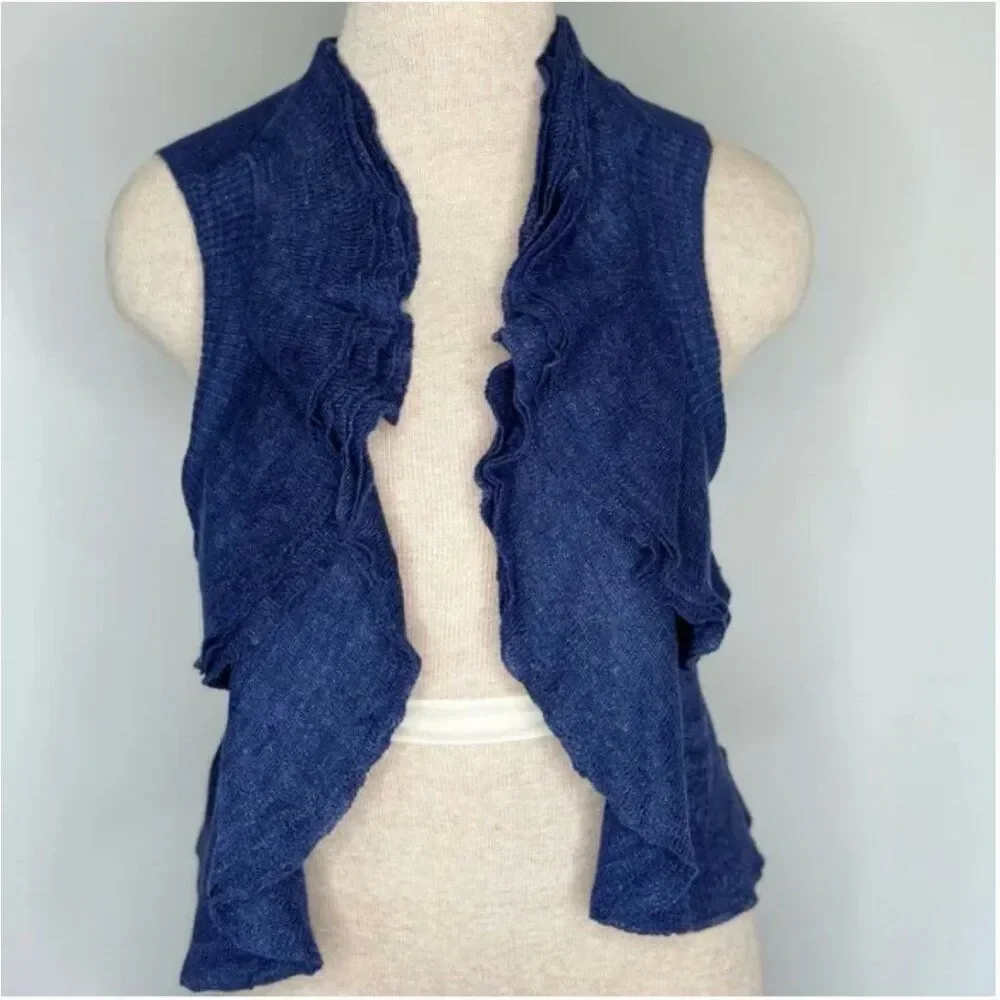 Theory Blue Isisa Ruffled Linen Blend Vest Cardigan Size Medium